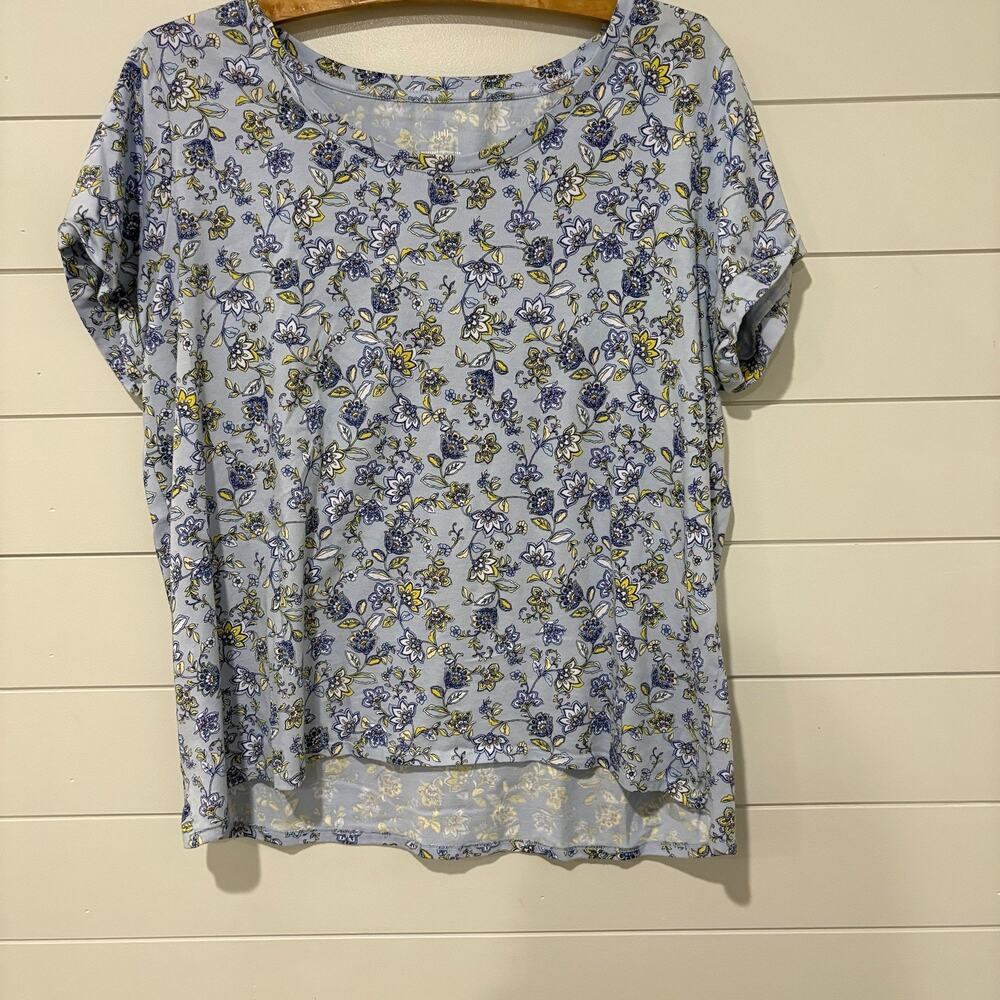 J. Jill | Top Everyday Cotton Tee Blue Floral Short Sleeve- Size Large